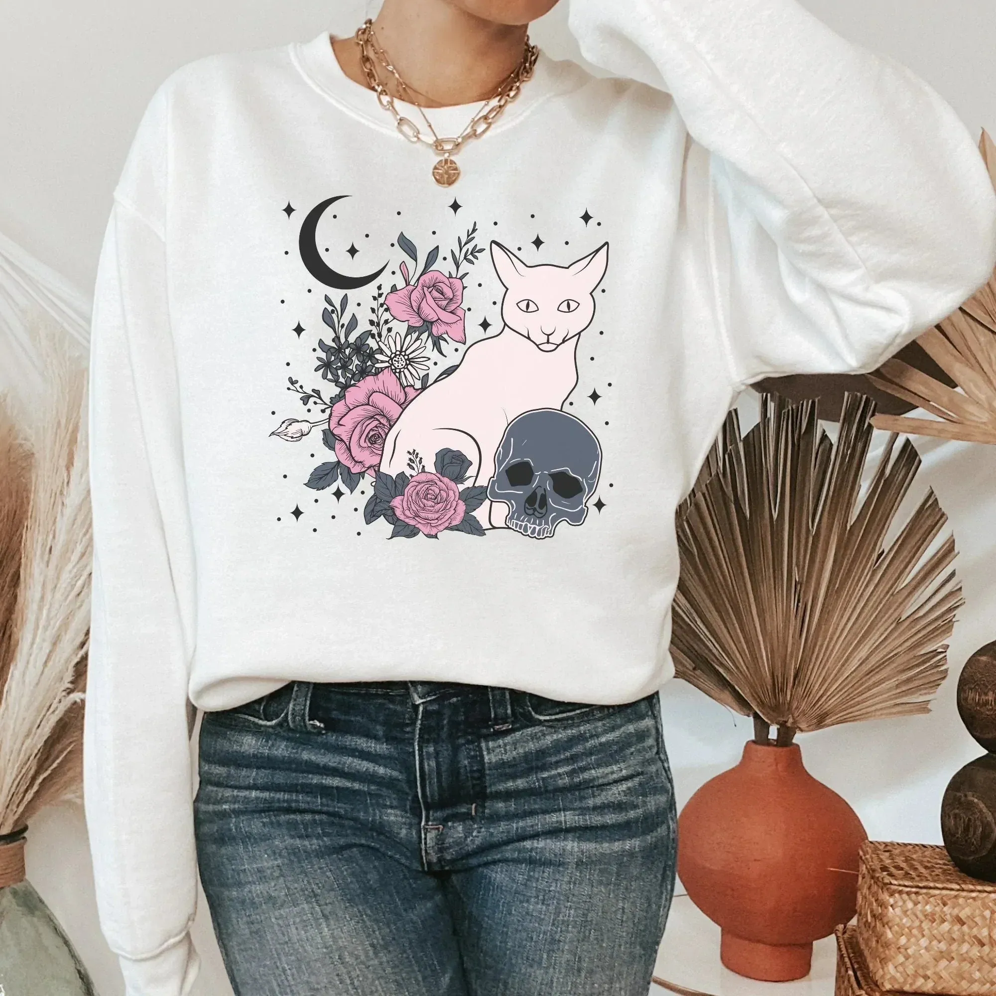 Halloween Pastel, Gothic Shirt, Witchy Vibes Halloween Sweatshirt, Moon Shirt, Skull Shirt, Pastel Goth Style Grunge Clothing, Cat Shirt