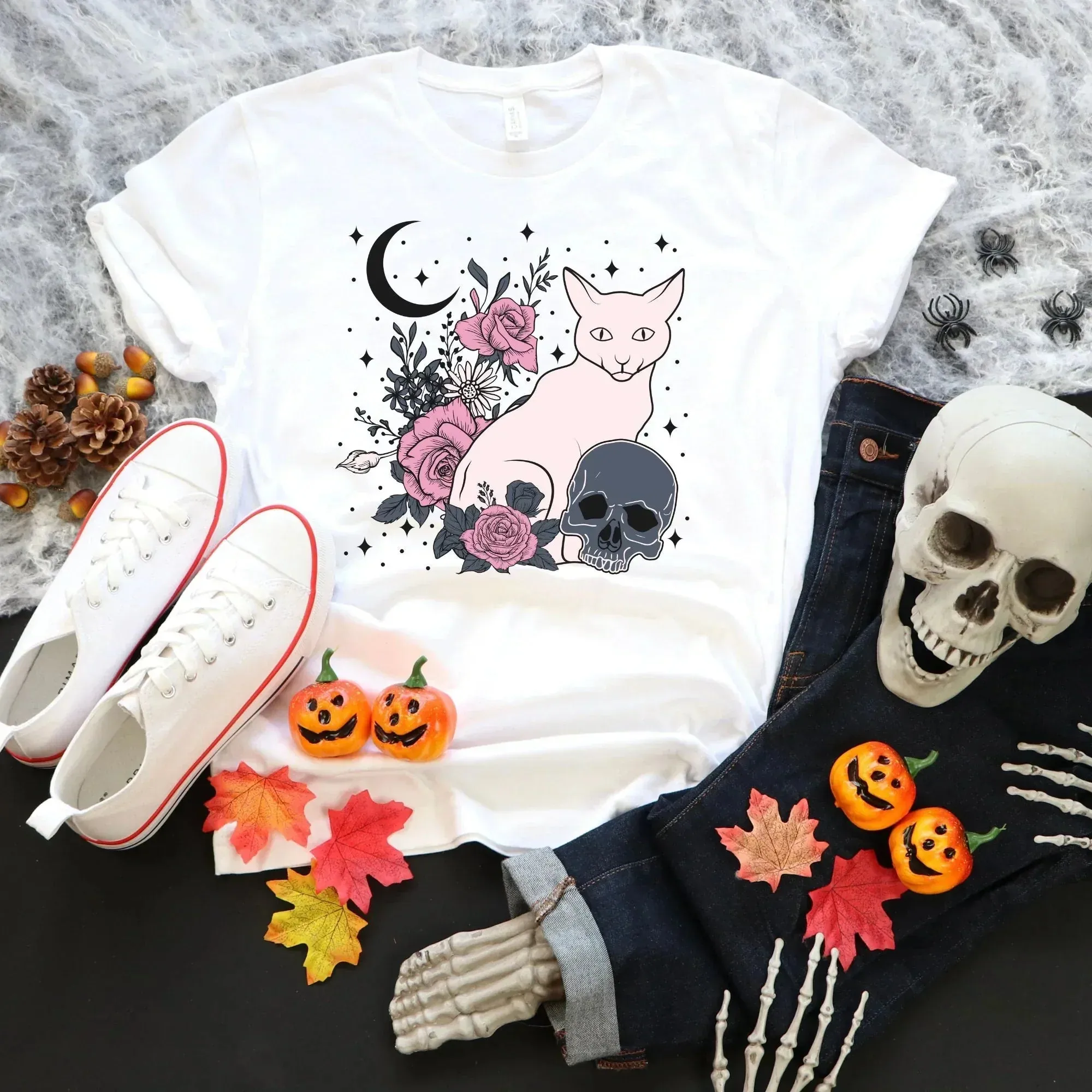 Halloween Pastel, Gothic Shirt, Witchy Vibes Halloween Sweatshirt, Moon Shirt, Skull Shirt, Pastel Goth Style Grunge Clothing, Cat Shirt