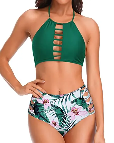 Halter & Open Back Design 2 Piece Swimsuit For Women-Green Tropical Floral