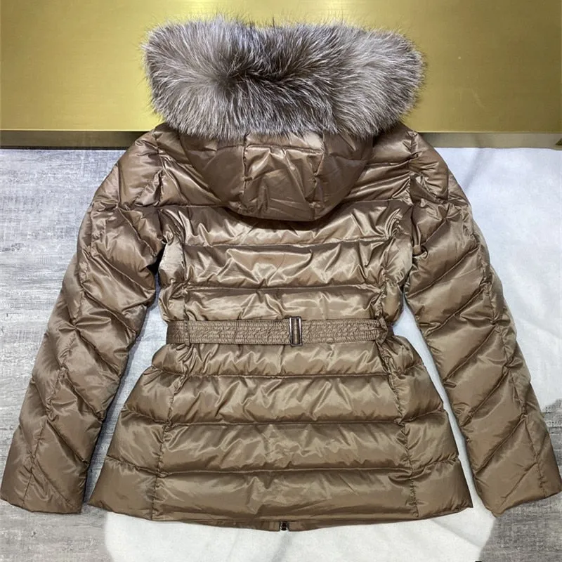 High Quality Women Fashion Hooded Down Jackets Large Fox Fur Collar Light Fluffy Winter Warm Down Coats with Belt Casual Clothes