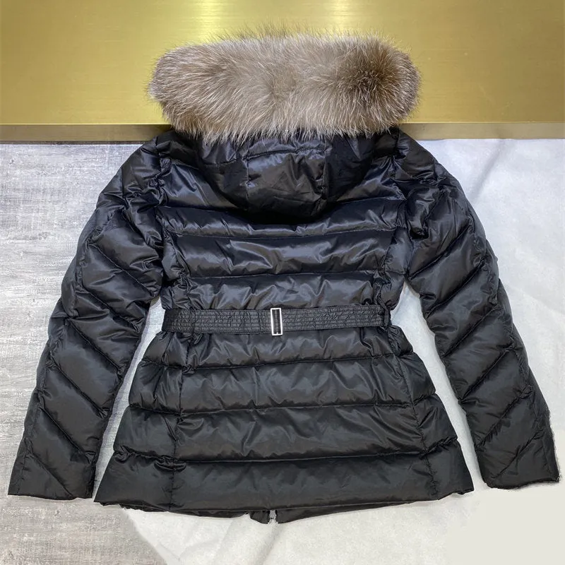 High Quality Women Fashion Hooded Down Jackets Large Fox Fur Collar Light Fluffy Winter Warm Down Coats with Belt Casual Clothes