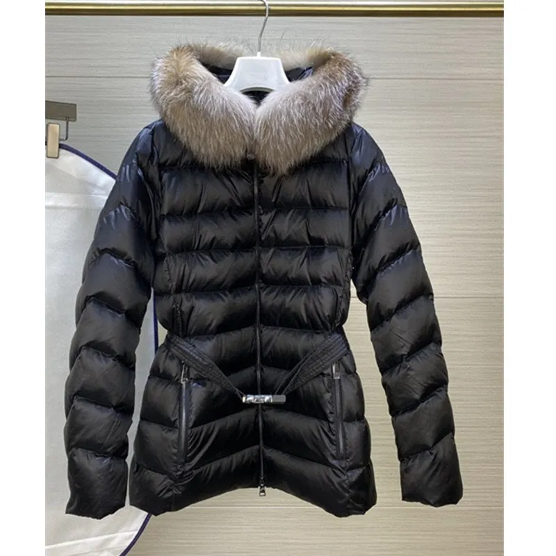 High Quality Women Fashion Hooded Down Jackets Large Fox Fur Collar Light Fluffy Winter Warm Down Coats with Belt Casual Clothes