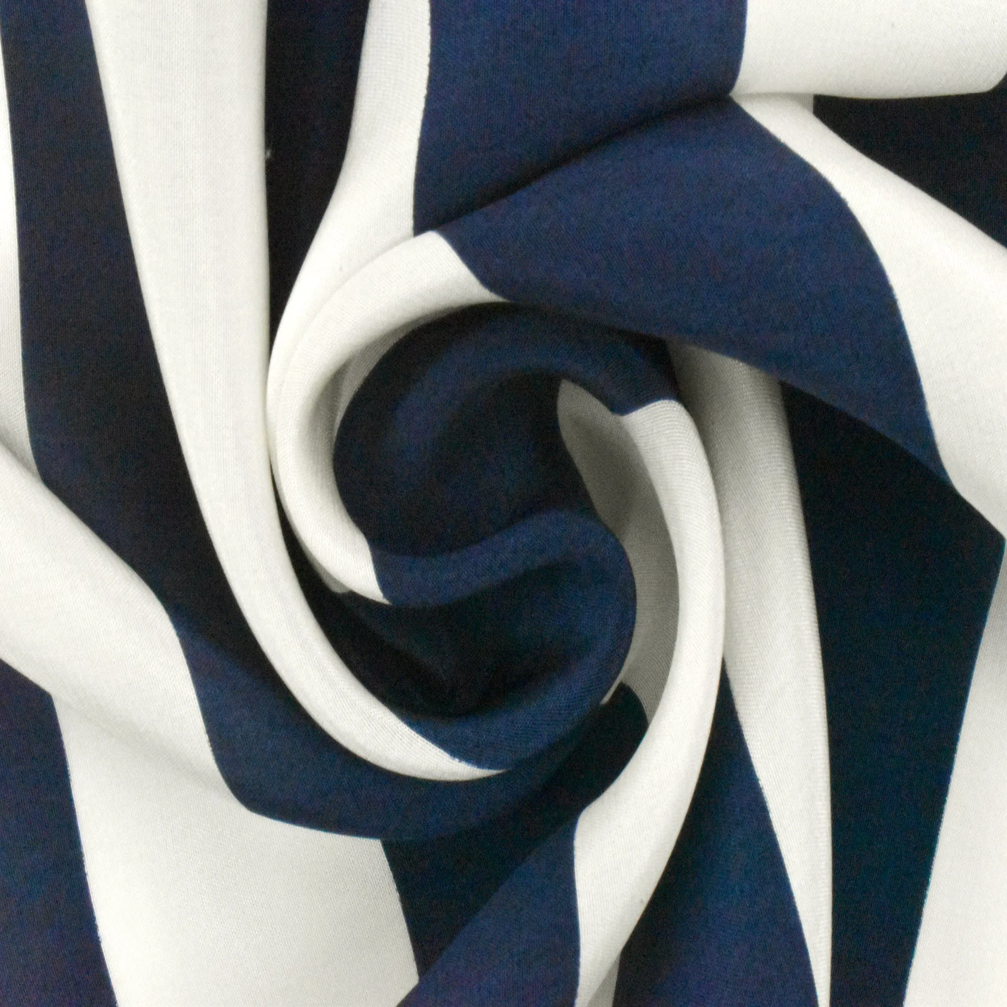 Ivory-Navy Blue Stripe Printed Silk Crepe De Chine Woven Fabric