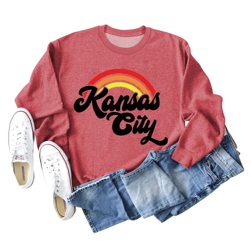 Kansas City Rainbow Letter Print Long Sleeved Sweatshirt Women