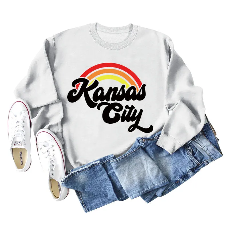 Kansas City Rainbow Letter Print Long Sleeved Sweatshirt Women