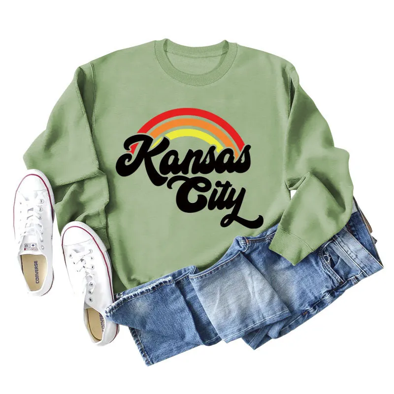 Kansas City Rainbow Letter Print Long Sleeved Sweatshirt Women