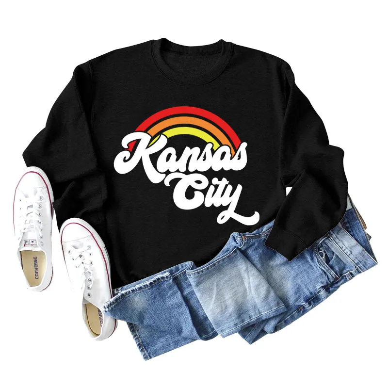 Kansas City Rainbow Letter Print Long Sleeved Sweatshirt Women