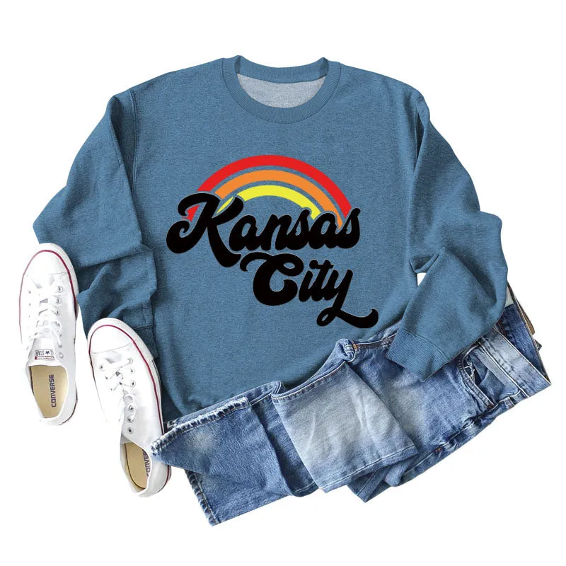 Kansas City Rainbow Letter Print Long Sleeved Sweatshirt Women