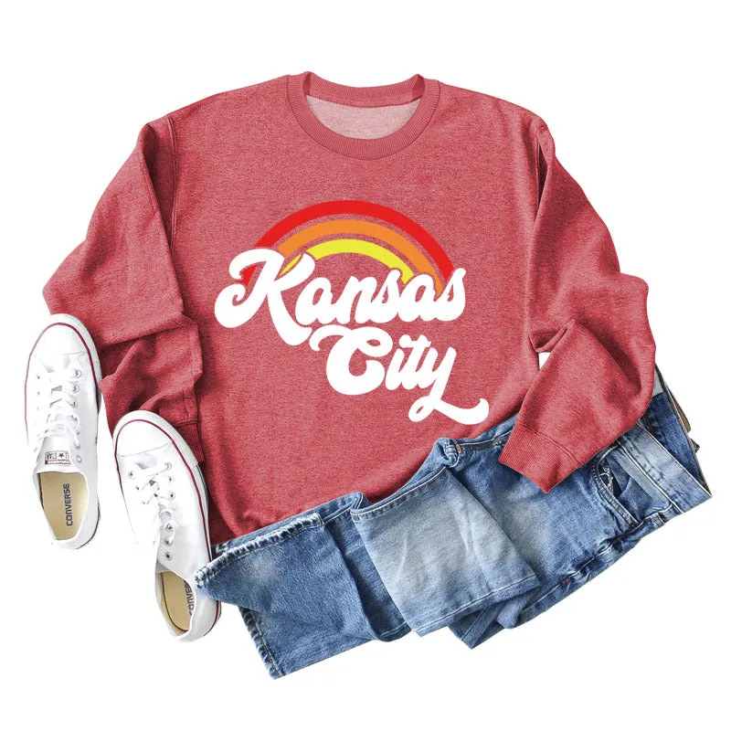 Kansas City Rainbow Letter Print Long Sleeved Sweatshirt Women