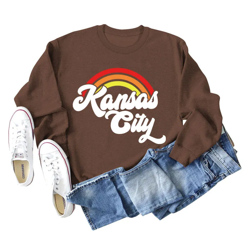 Kansas City Rainbow Letter Print Long Sleeved Sweatshirt Women