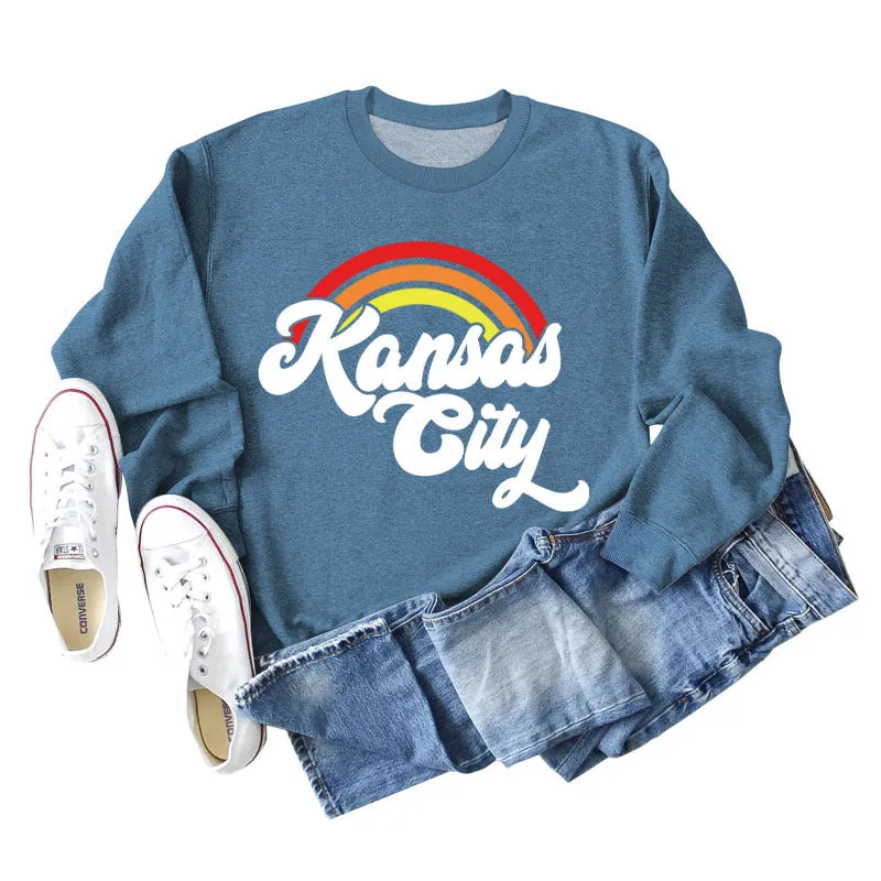 Kansas City Rainbow Letter Print Long Sleeved Sweatshirt Women