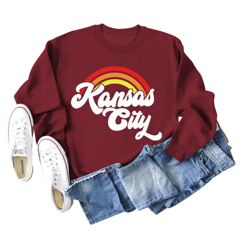 Kansas City Rainbow Letter Print Long Sleeved Sweatshirt Women