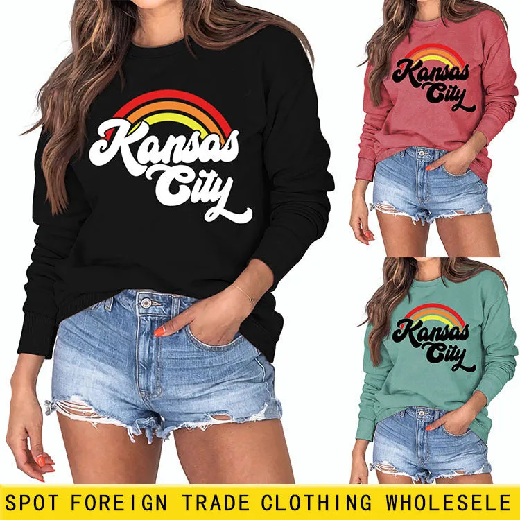 Kansas City Rainbow Letter Print Long Sleeved Sweatshirt Women