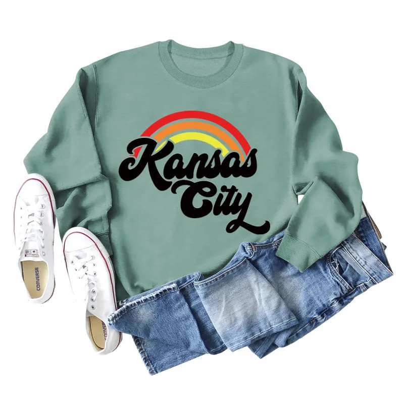 Kansas City Rainbow Letter Print Long Sleeved Sweatshirt Women