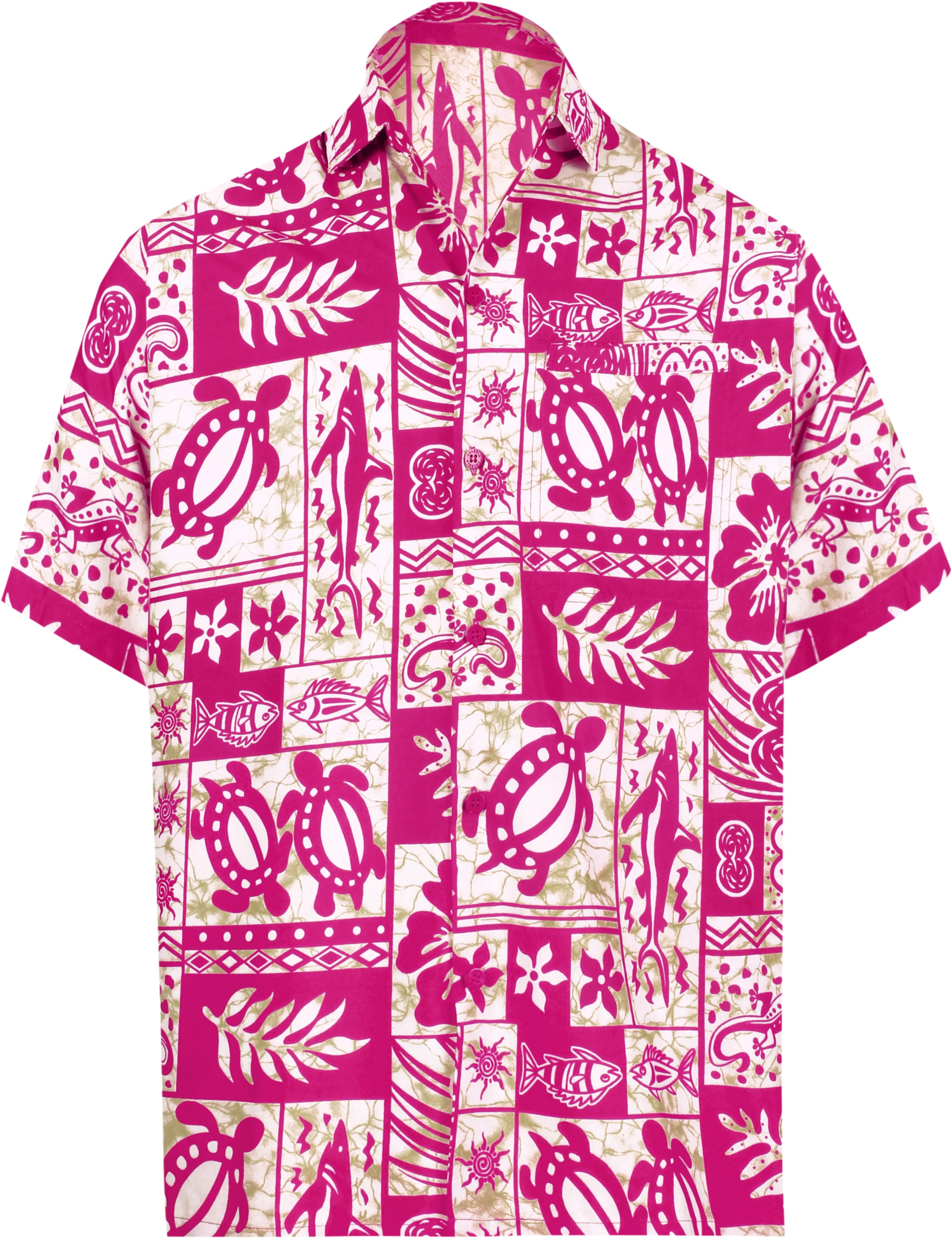 LA LEELA Support Pink Breast Cancer Shirt Aquatic Life Hawaiian Beach Shirt for Men's Casual Button down Tropical Aloha White_W127