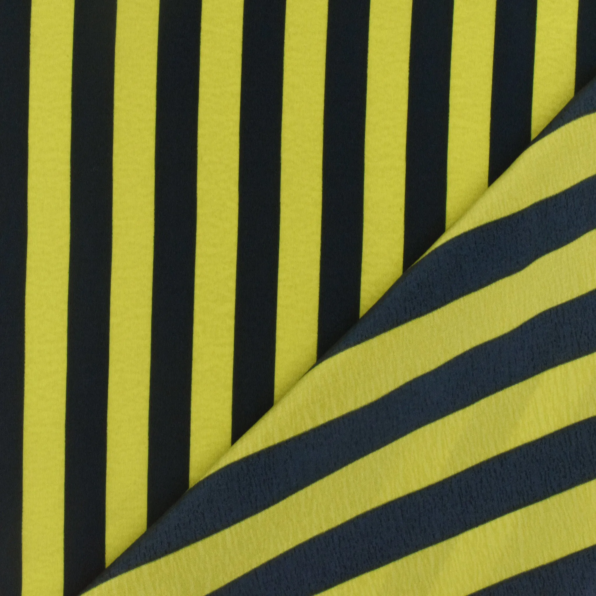 Lime Yellow-Navy Stripe Printed Silk Crepe De Chine Woven Fabric