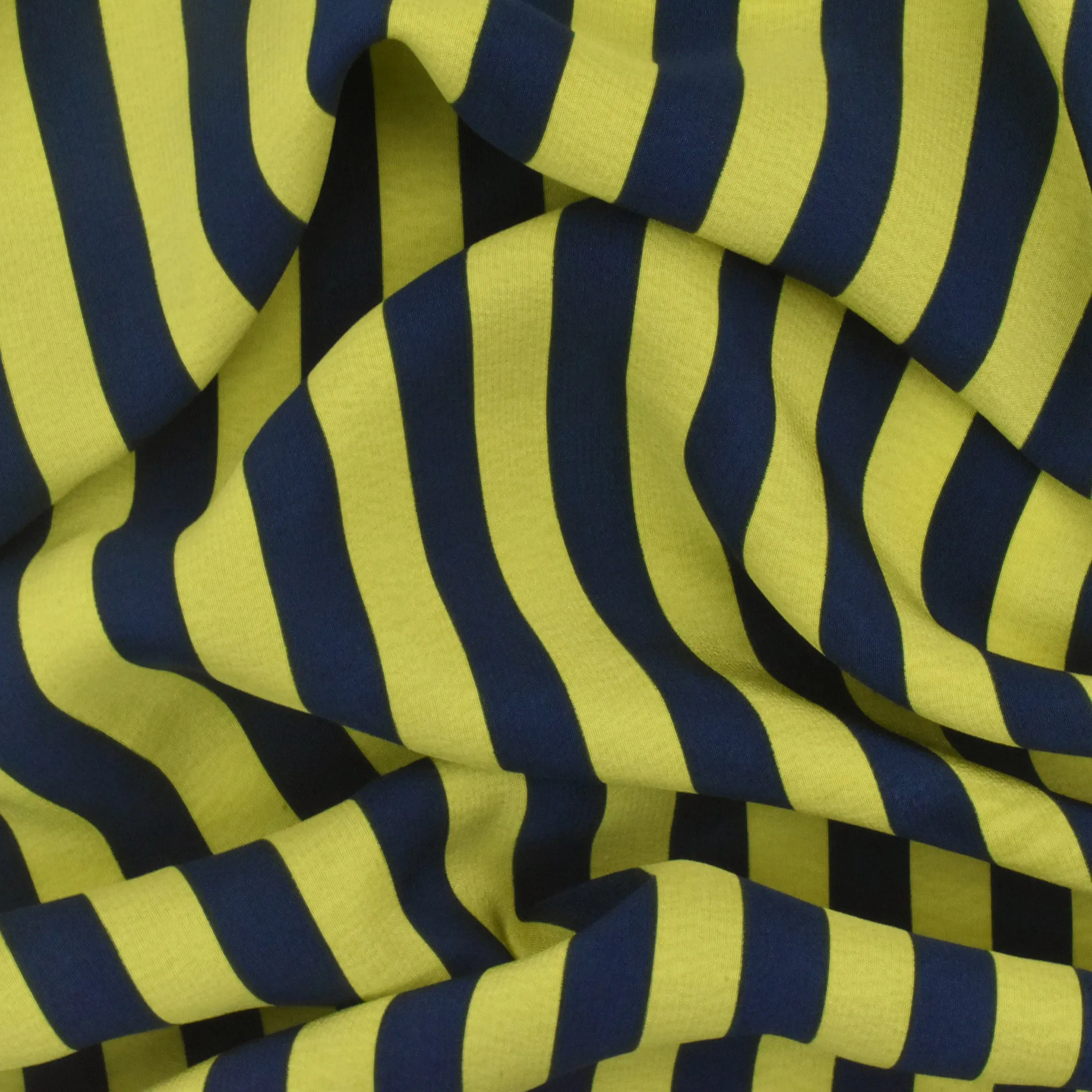 Lime Yellow-Navy Stripe Printed Silk Crepe De Chine Woven Fabric