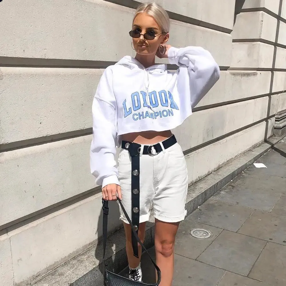 Long Sleeve Short Sweatshirt Blue Letter White Hooded Cropped Hoodies