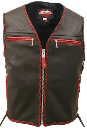 Mens Made in USA The Elite Motorcycle Leather Vest Red/Black Braiding