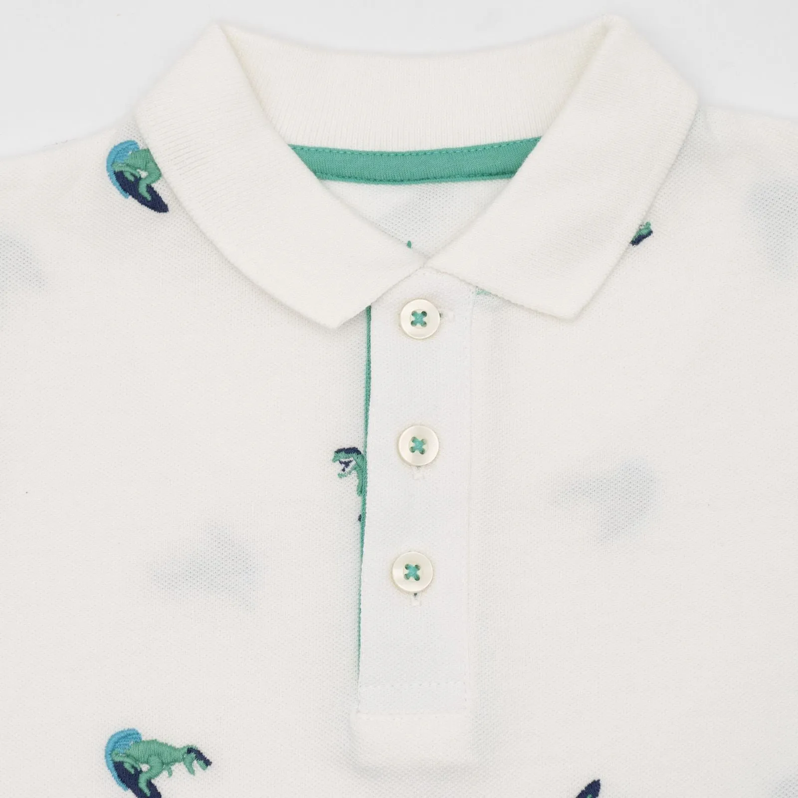 Mini Boden Boys White Dinosaur Embroidery Short Sleeve Polo Shirts