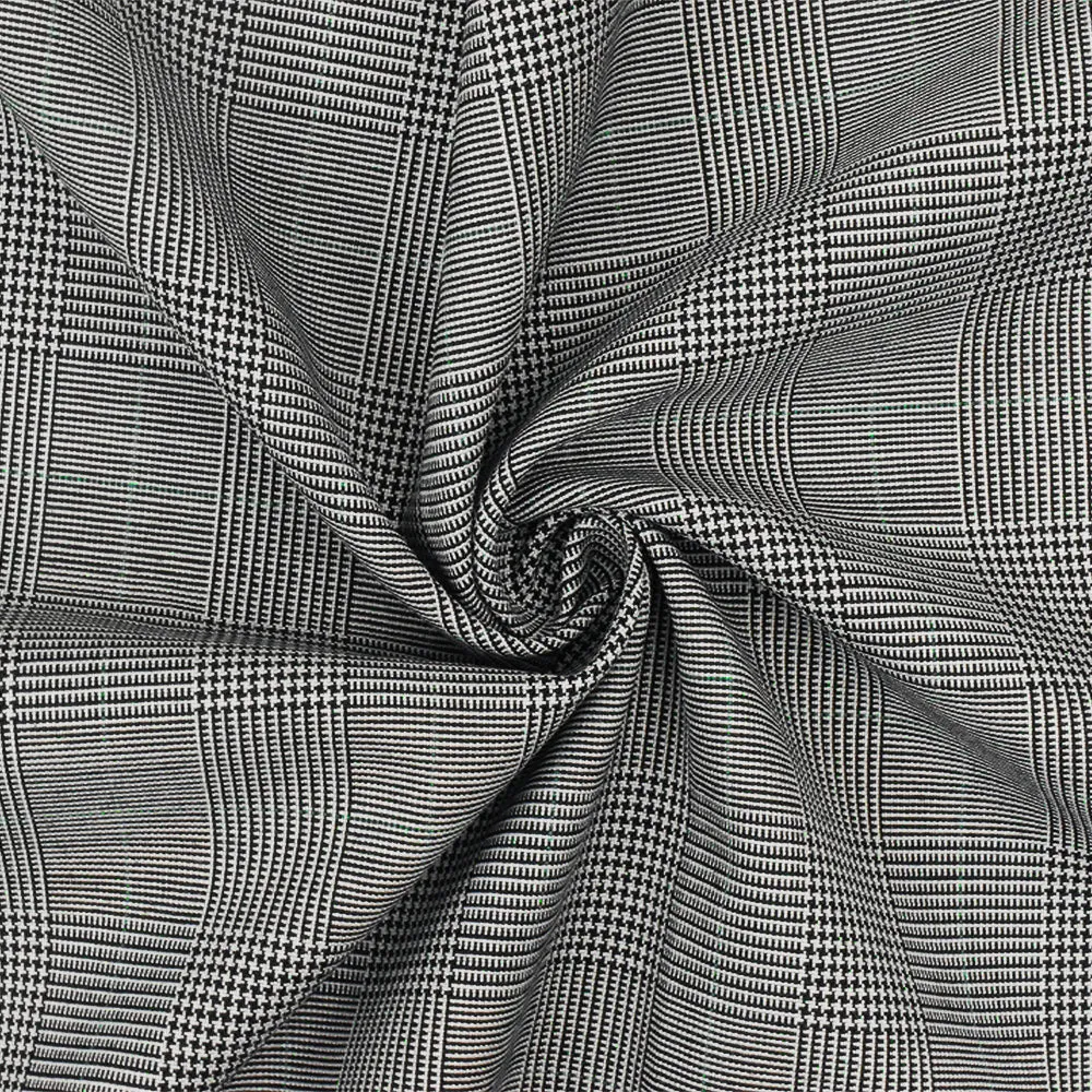 Nature Black-White-Green Glen Plaid Wool Polyester Woven Suiting Fabric