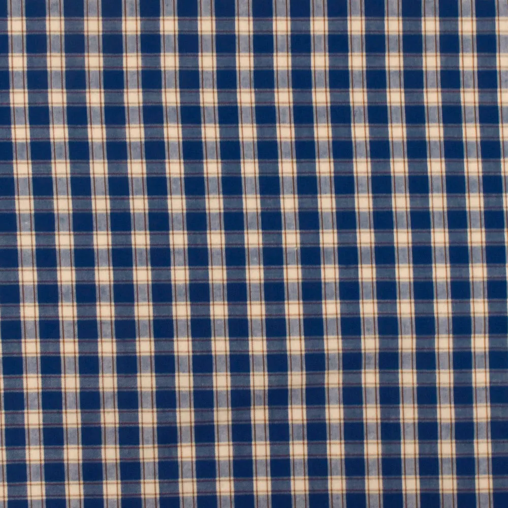 Navy Blue-Khaki-Brown Plaid Cotton Polyester Madras Woven Fabric