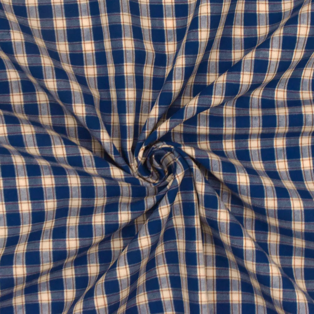 Navy Blue-Khaki-Brown Plaid Cotton Polyester Madras Woven Fabric