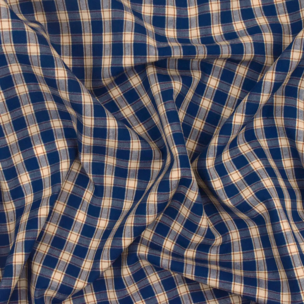 Navy Blue-Khaki-Brown Plaid Cotton Polyester Madras Woven Fabric