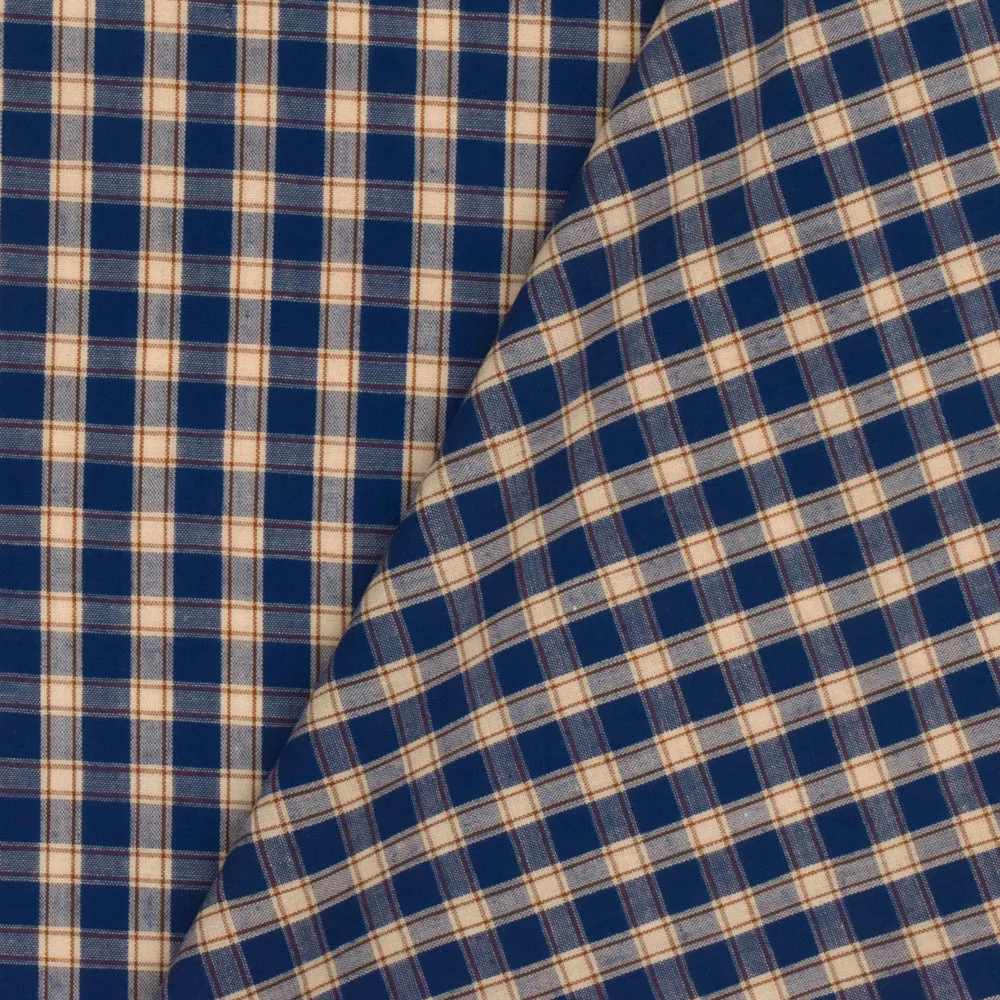 Navy Blue-Khaki-Brown Plaid Cotton Polyester Madras Woven Fabric