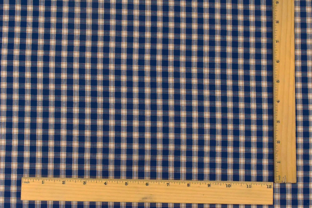 Navy Blue-Khaki-Brown Plaid Cotton Polyester Madras Woven Fabric