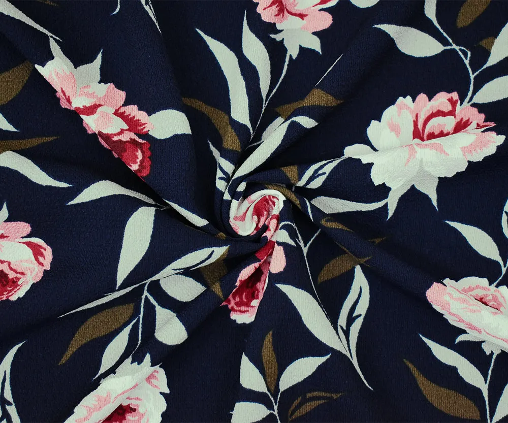 Navy-Pink-Multi Floral Printed Poly Pebble Crepe Georgette Woven Fabric