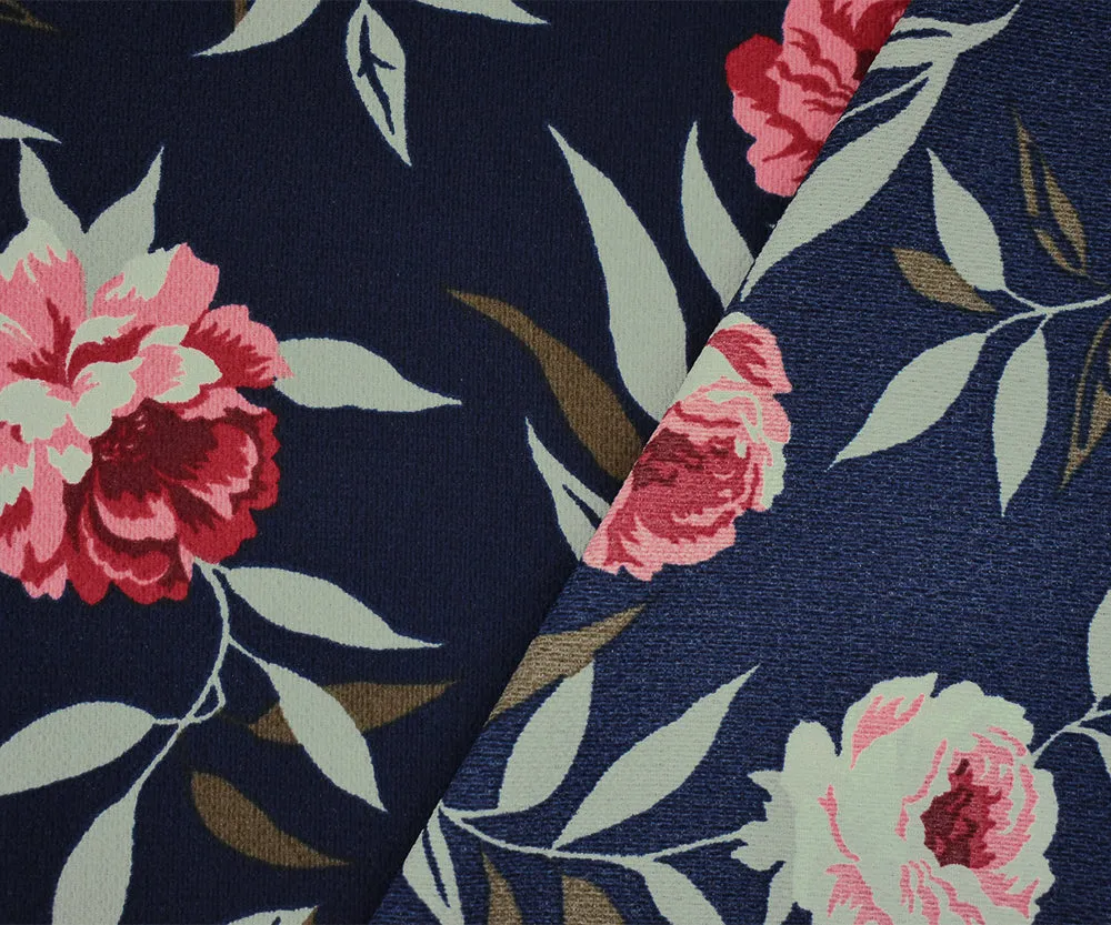 Navy-Pink-Multi Floral Printed Poly Pebble Crepe Georgette Woven Fabric