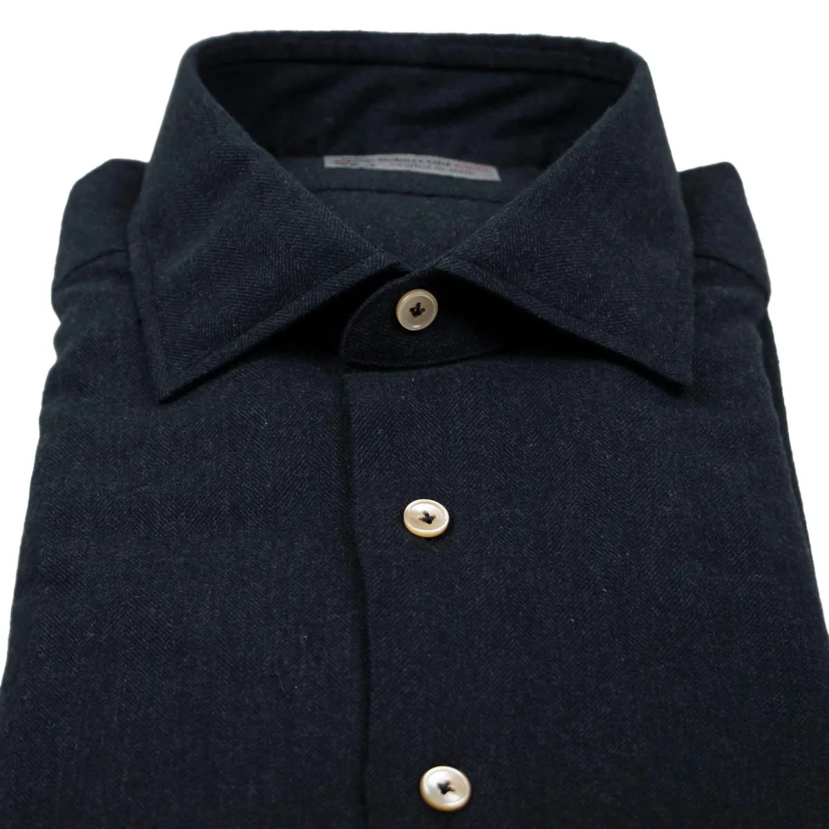 Navy Pure Cotton Herringbone Italian Long Sleeve Shirt