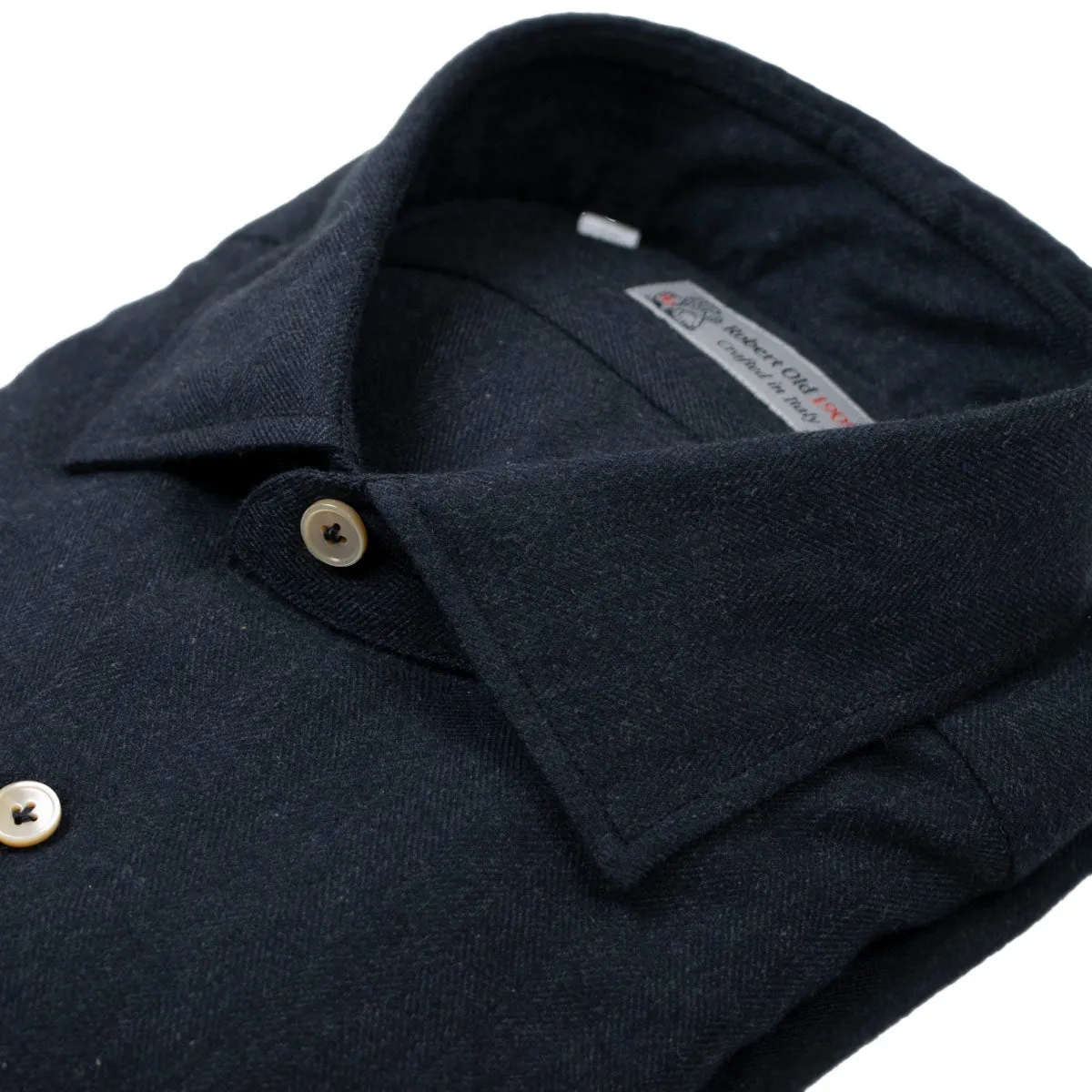 Navy Pure Cotton Herringbone Italian Long Sleeve Shirt