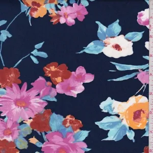 Navy/Fuchsia Multi Floral Double Brushed Jersey Knit Fabric