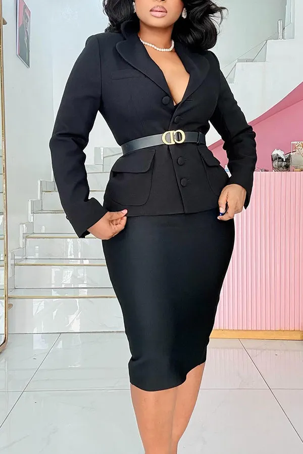 Office Style Belted Waist Suit & Pencil Skirt Set