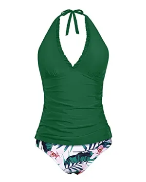 Open Backs Two Piece Tankini Bathing Suits Ruffle V Neck Swimsuits For Women-Green Tropical Floral