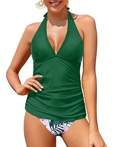 Open Backs Two Piece Tankini Bathing Suits Ruffle V Neck Swimsuits For Women-Green Tropical Floral