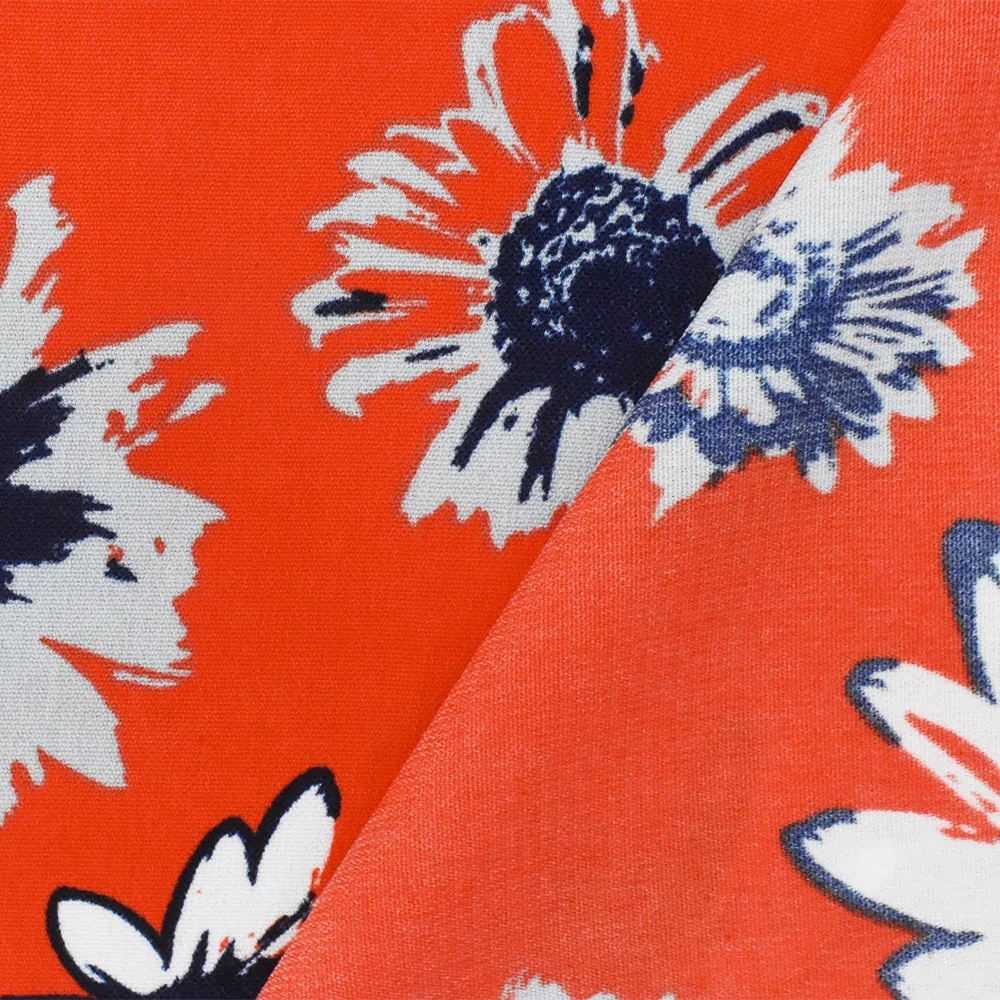 Orange-Blue-Multi Floral Printed Poly Challis Woven Fabric