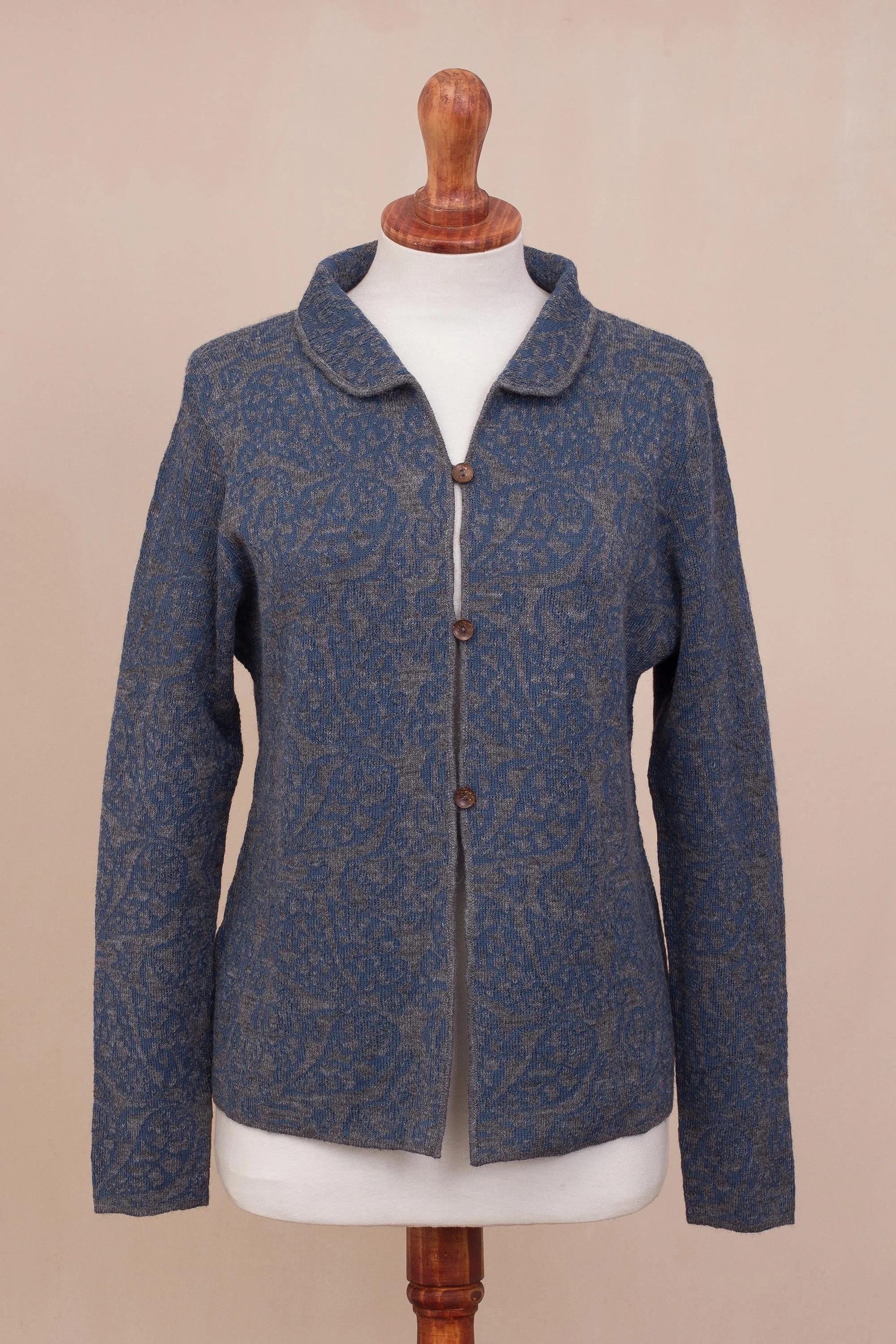 Paisley Elegance in Azure Alpaca Blend Cardigan with Azure Paisley Motifs from Peru