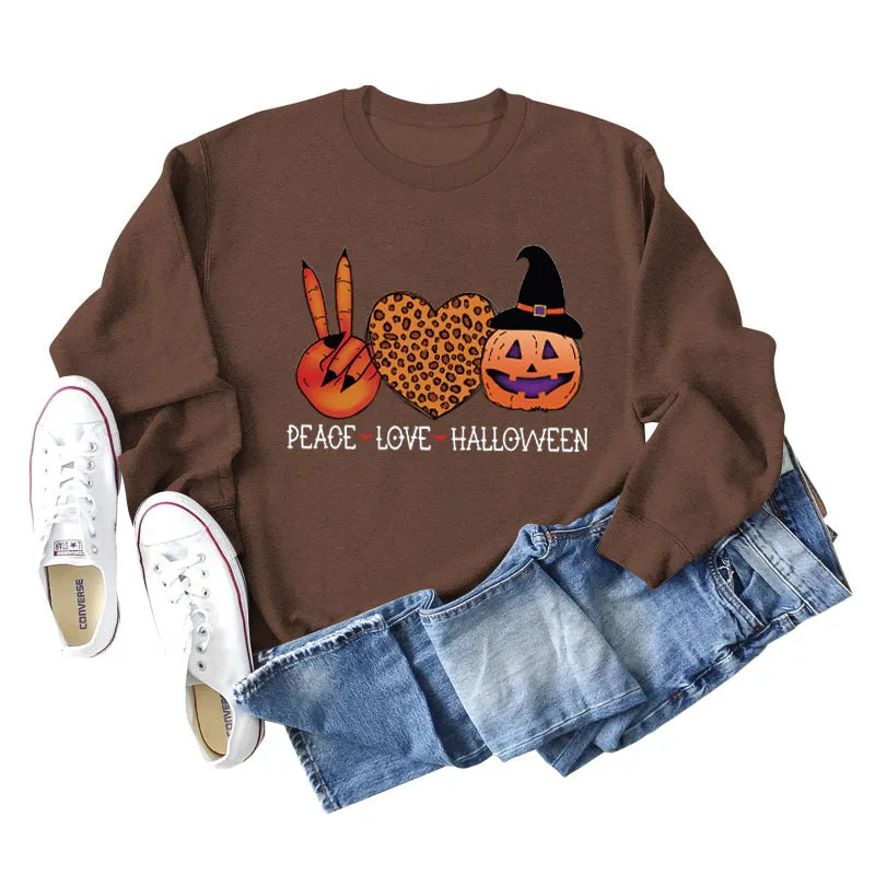 PEACE LOVE HALLOWEEN Leopard Love Letter Printing Ladies Long Sleeve Loose Casual Sweater