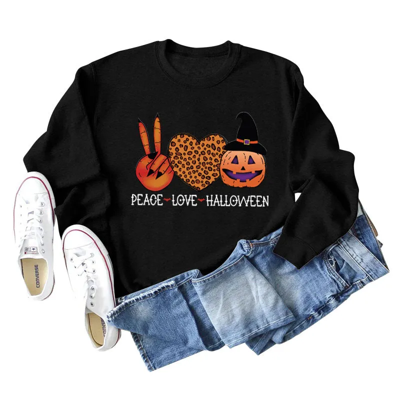 PEACE LOVE HALLOWEEN Leopard Love Letter Printing Ladies Long Sleeve Loose Casual Sweater