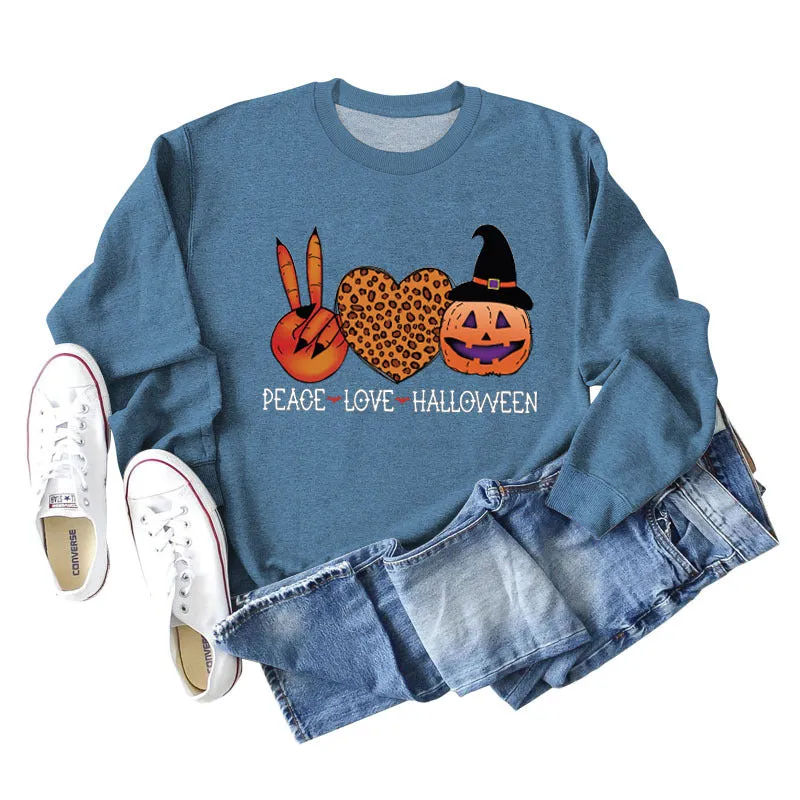 PEACE LOVE HALLOWEEN Leopard Love Letter Printing Ladies Long Sleeve Loose Casual Sweater