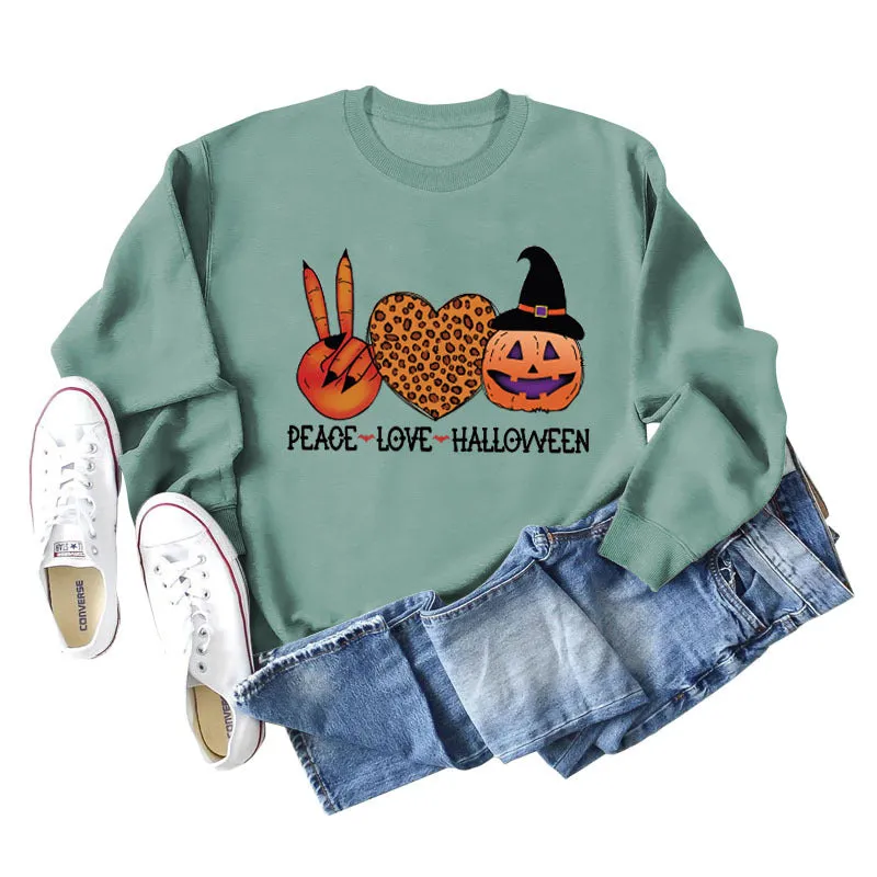 PEACE LOVE HALLOWEEN Leopard Love Letter Printing Ladies Long Sleeve Loose Casual Sweater