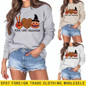 PEACE LOVE HALLOWEEN Leopard Love Letter Printing Ladies Long Sleeve Loose Casual Sweater