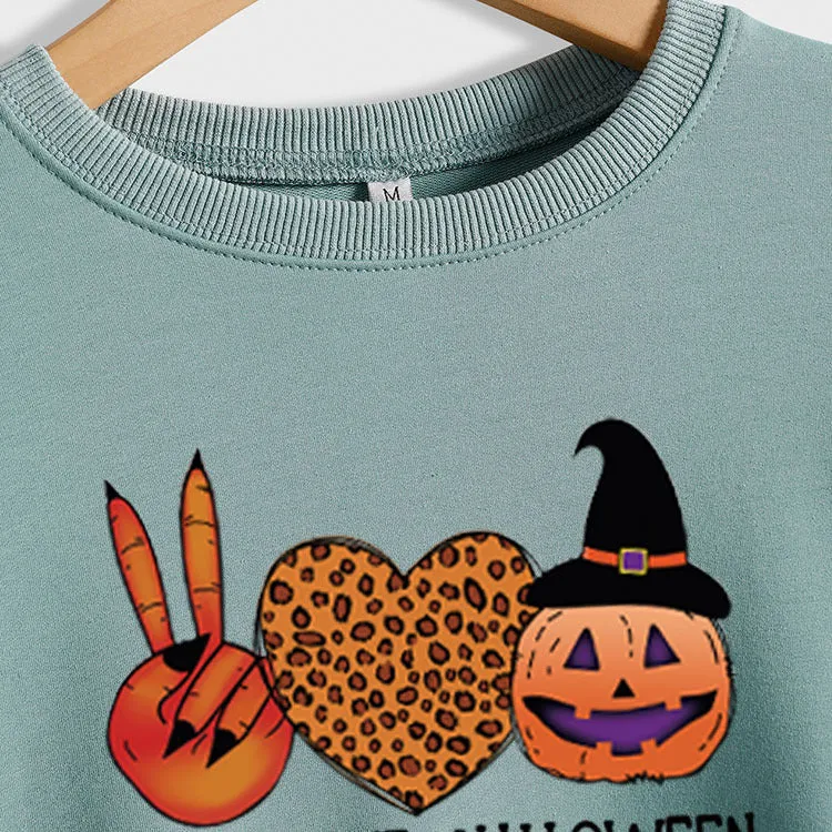 PEACE LOVE HALLOWEEN Leopard Love Letter Printing Ladies Long Sleeve Loose Casual Sweater