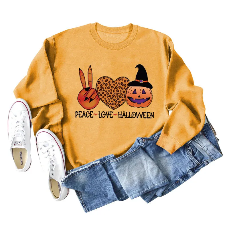 PEACE LOVE HALLOWEEN Leopard Love Letter Printing Ladies Long Sleeve Loose Casual Sweater