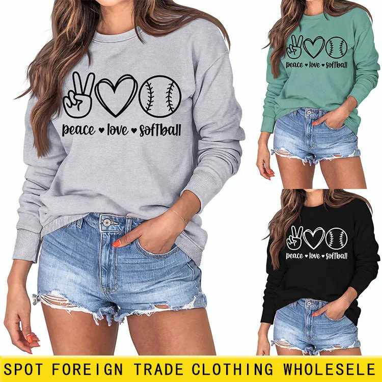 Peace Love Softball Letters Loose Bottoming Long-sleeved Sweater Women