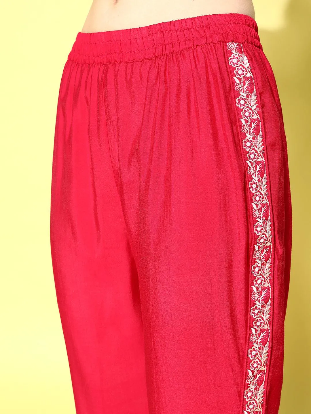 Pink Embellished Silk Blend Straight Tunic With Trousers