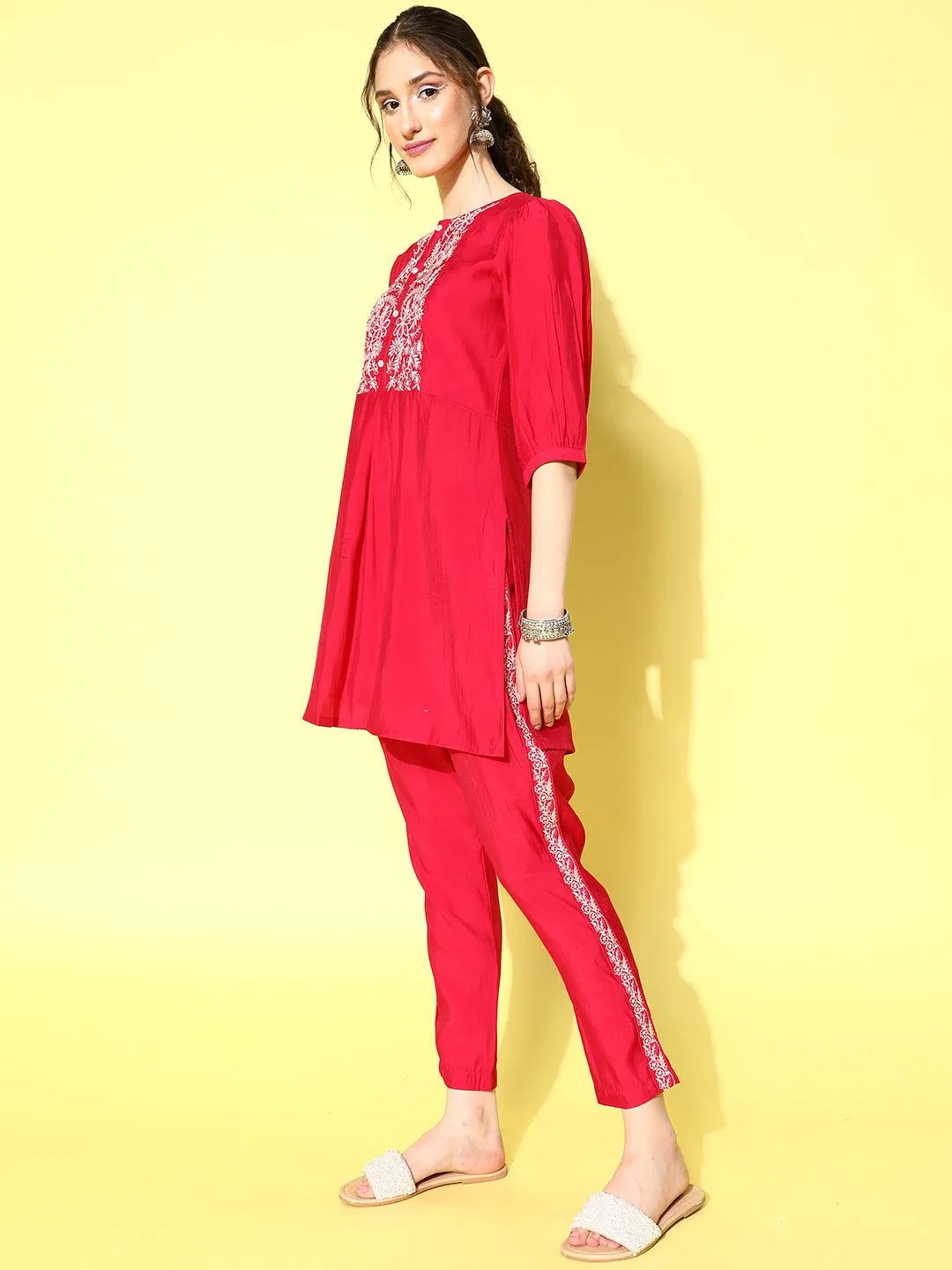 Pink Embellished Silk Blend Straight Tunic With Trousers